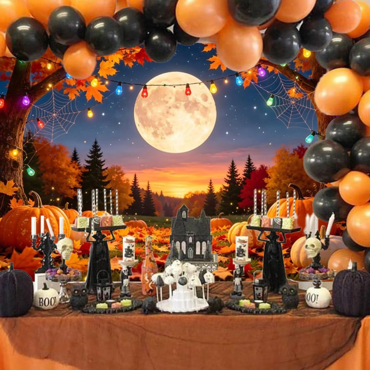 10x8FT Fall Maple Leaves Pumpkin Full Moon Photo Backdrop Decor