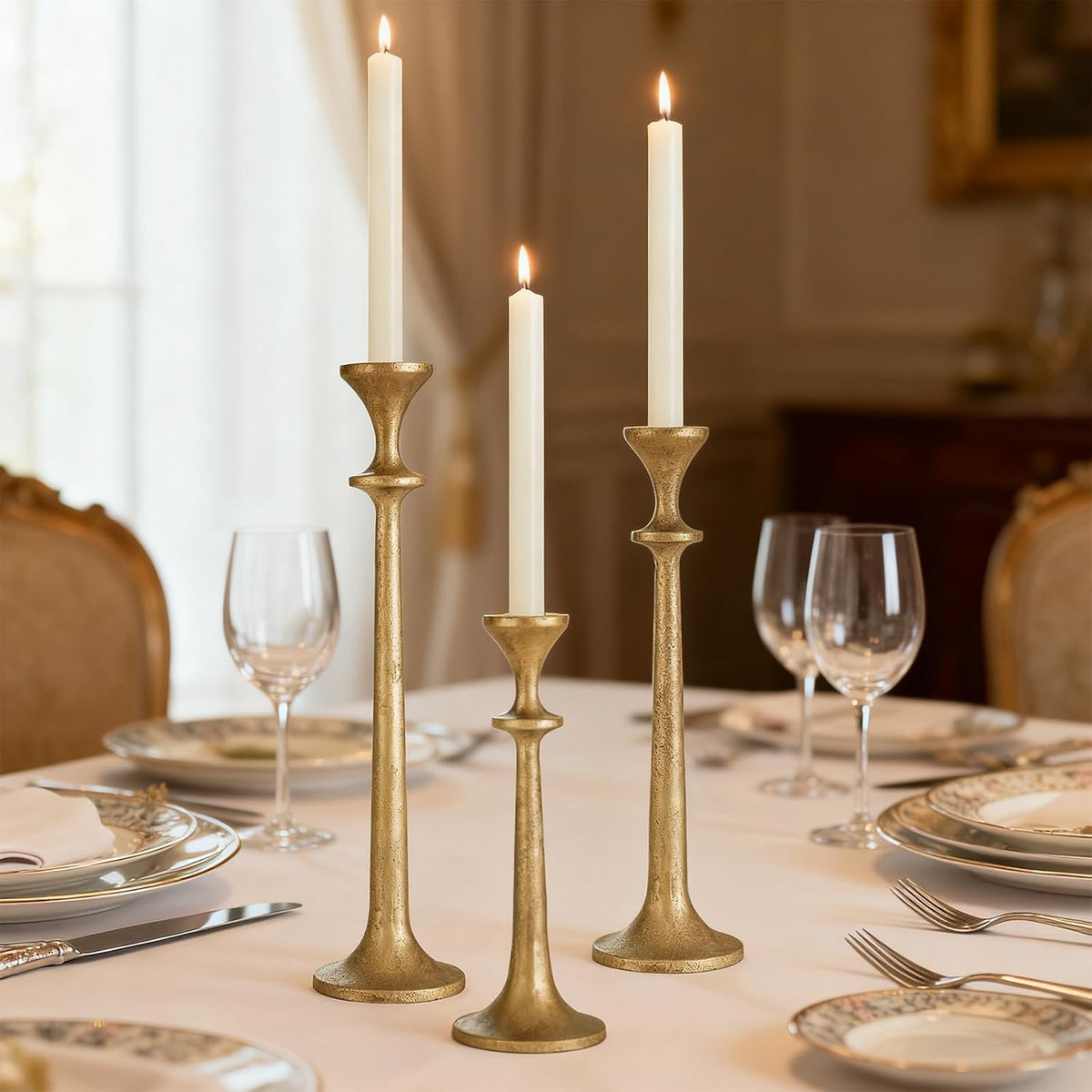 Gold Taper Candle Holders Set of 3 Heavy Cast Iron Antique Brass Candlestick ...
