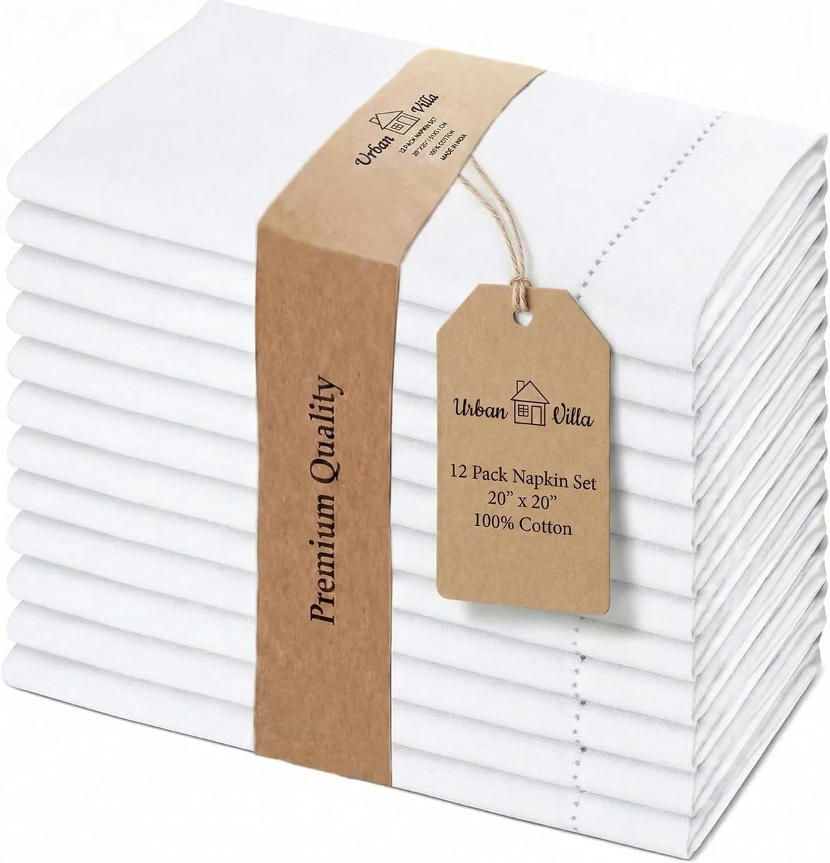 Urban Villa Cloth Napkins White Hemstitch Dinner Napkins Set of 12 (20X20) 10...