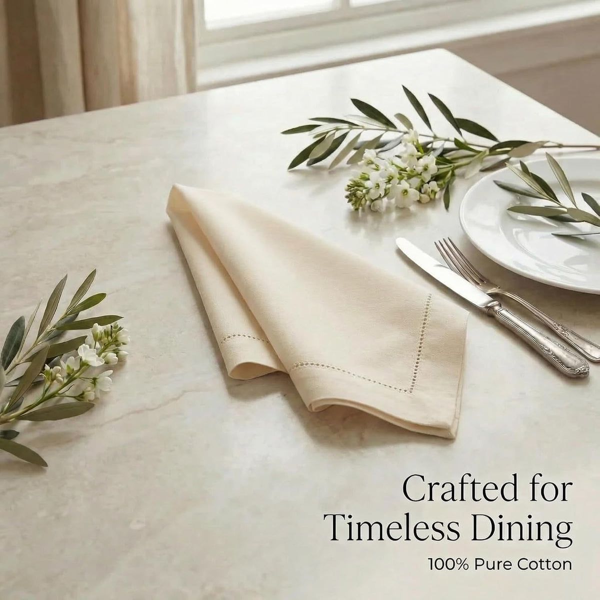 Urban Villa Cloth Napkins Ivory Hemstitch Dinner Napkins Set of 12 (20X20) 10...