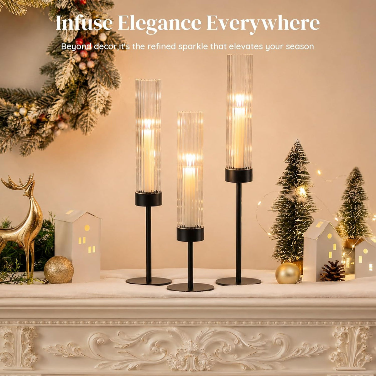 Glasseam Black Candlestick Holders, 6Pcs Fluted Glass Hurricane with Taper