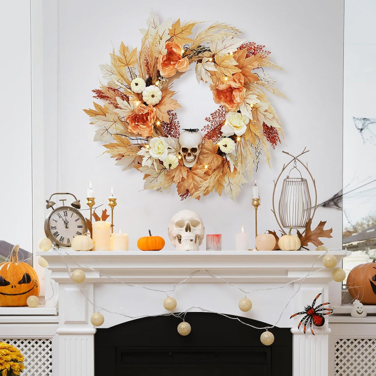 GarveeHome 22 in Halloween Skull Wreaths for Front Door, Fall Maple Leaves Wr...