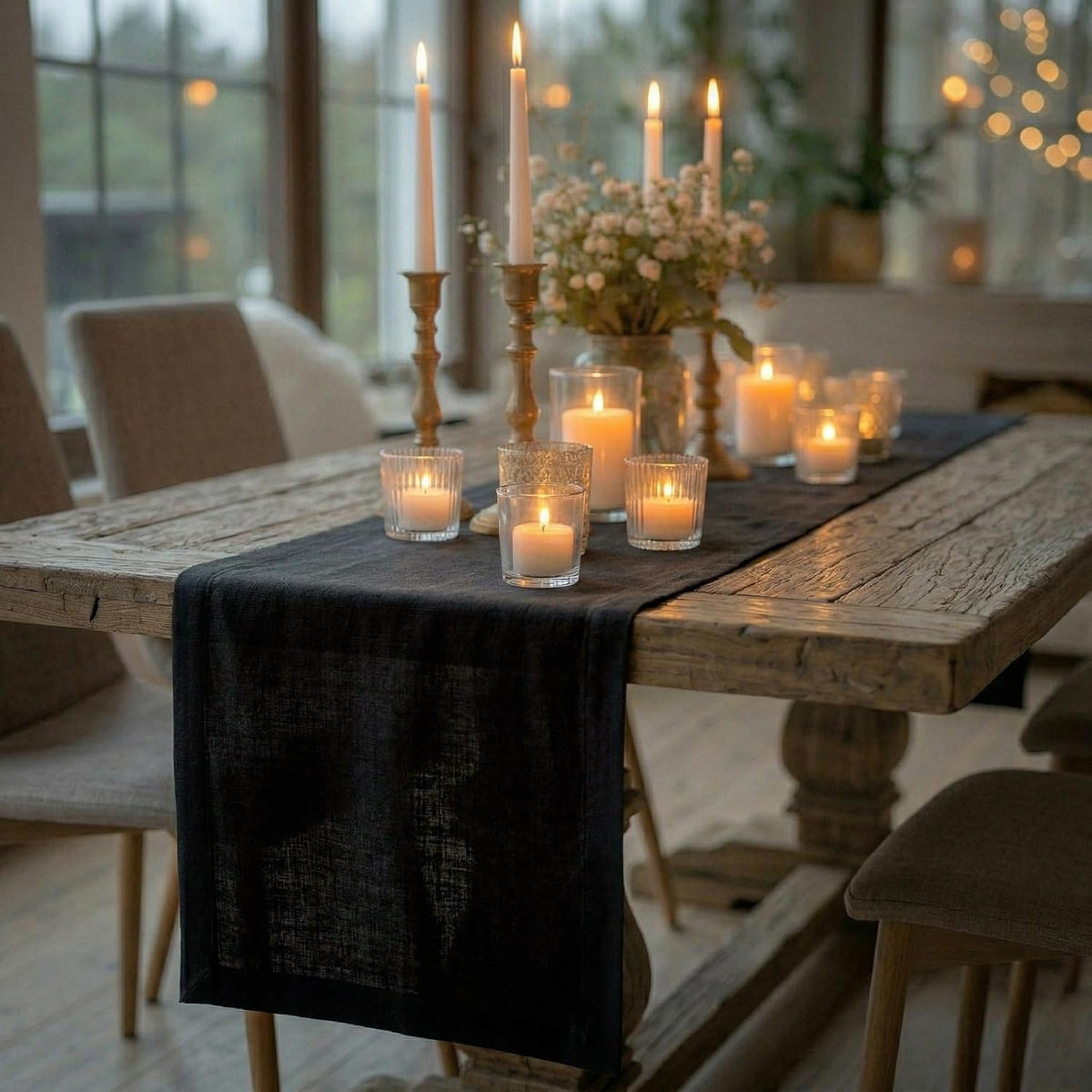 Solino Home 100% Pure Linen Table Runner Black, Diana 14 x 108 in