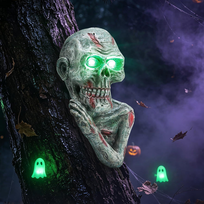Solar Halloween Decorations Outdoor 9'' Skeleton Tree Peeker - Resin Ghost Status with Color Changing LED Glowing Eyes, Spooky Tree Hanging Ornaments for Yard Garden Haunted House