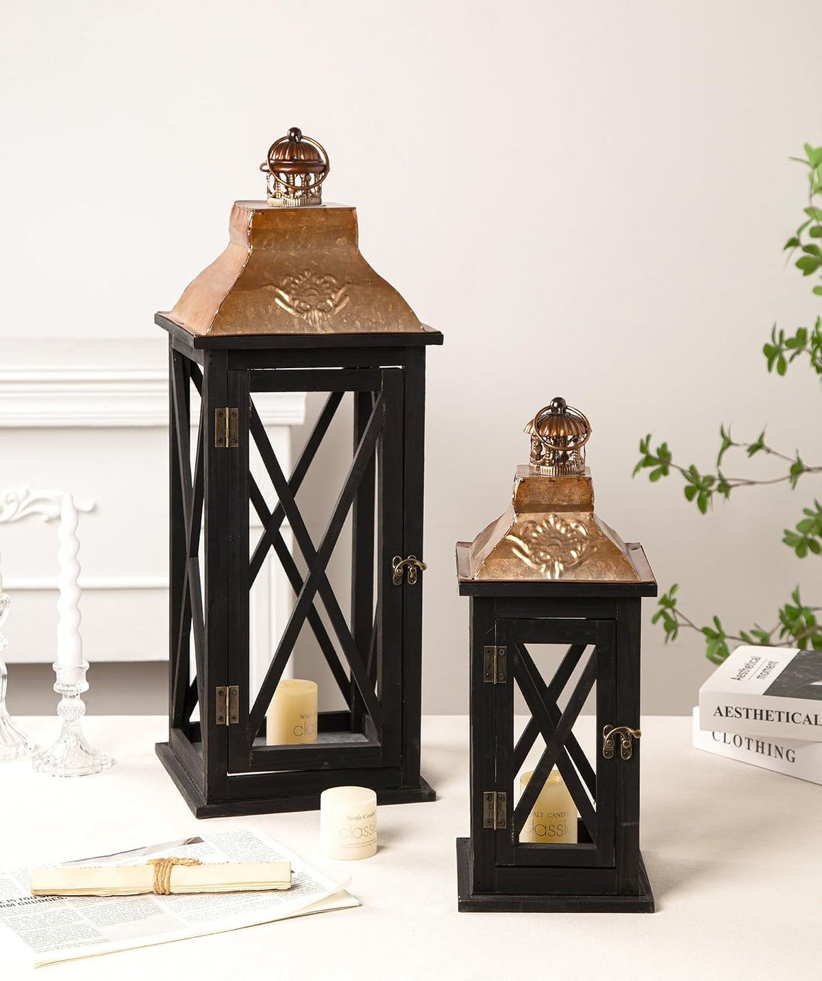 Large Farmhouse Wooden Lanterns with Metal Top, Decorative Floor Lanterns Set...