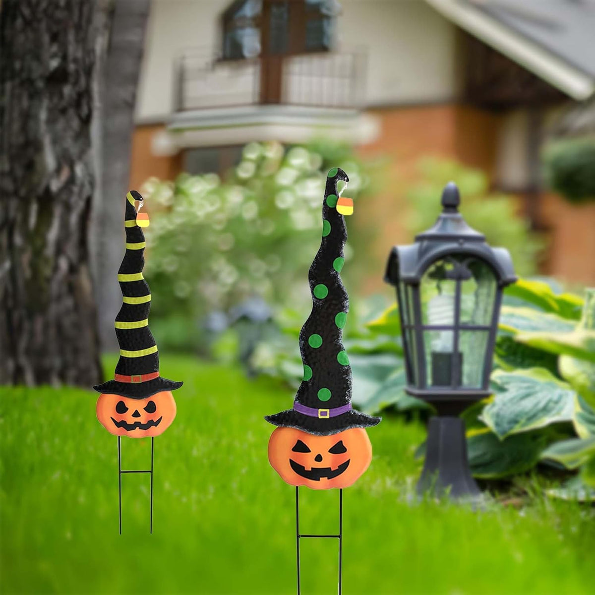 2 Pack Halloween/Thanksgiving Garden Decorations, Metal Jack-O-Lantern Yard S...
