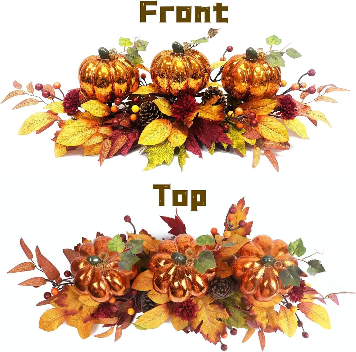 LED Lighted Pumpkin Fall Centerpiece with Maple Leaves, Berries & Pinecon...