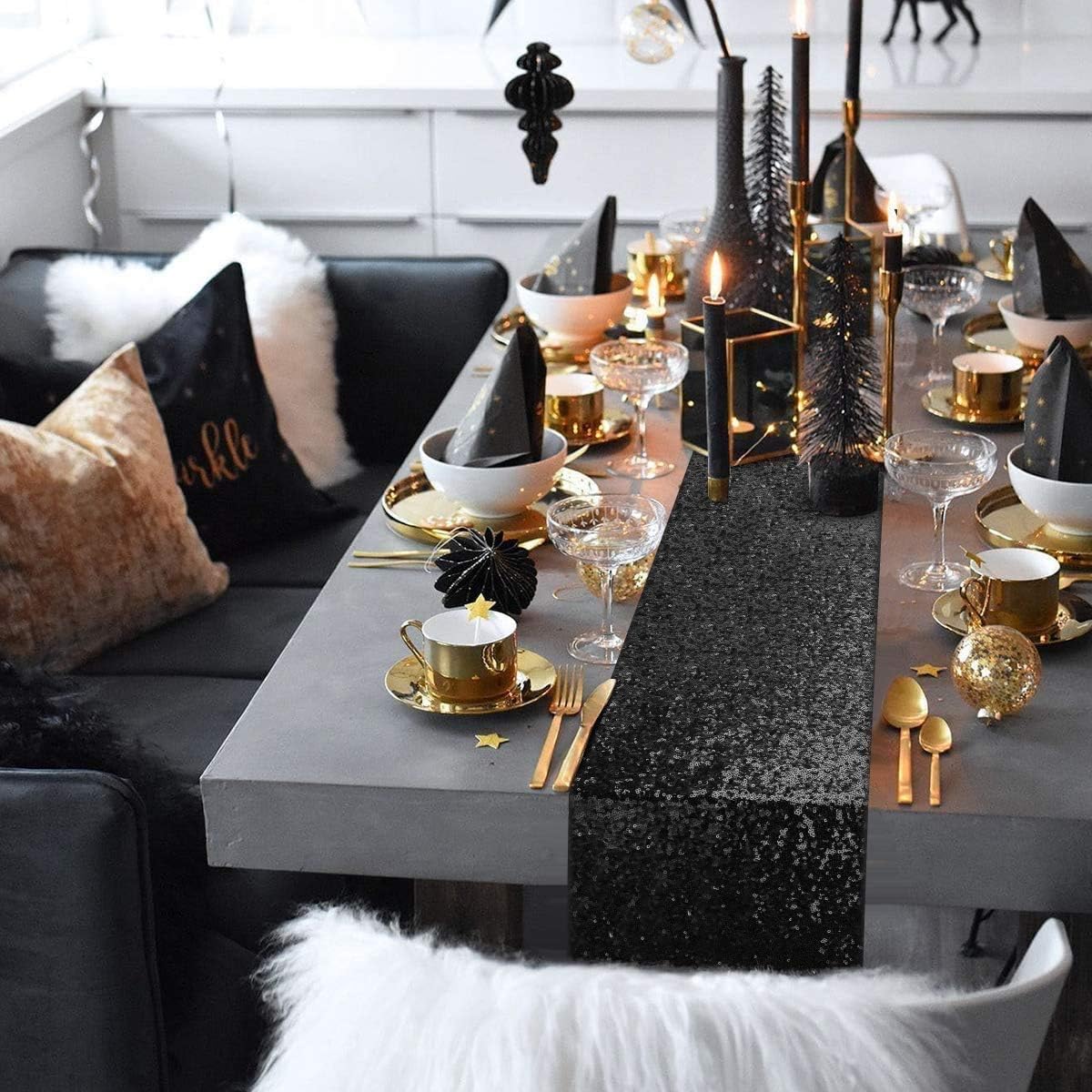 B-COOL Sequin Black Table Runner: 8 Pack 12x72Inch Glitter Decoration Sparkly...