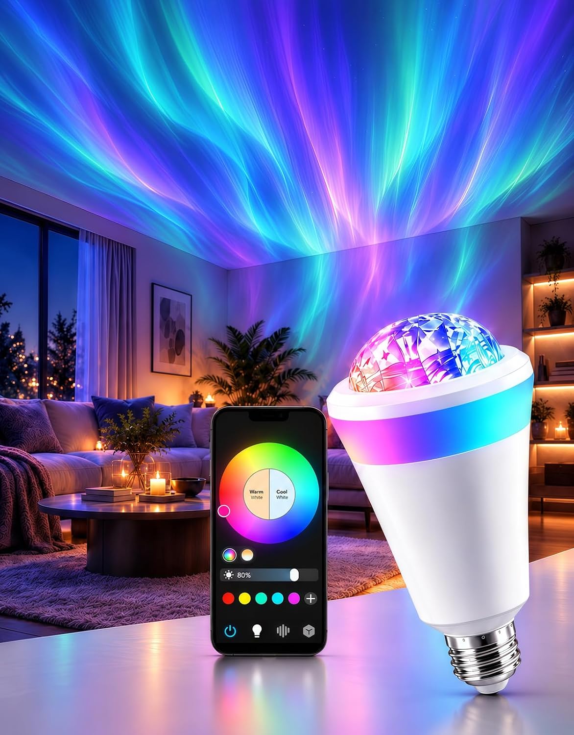 Projector Smart Light Bulb, 16M RGBWW Color Changing E26 Pattern Lamp