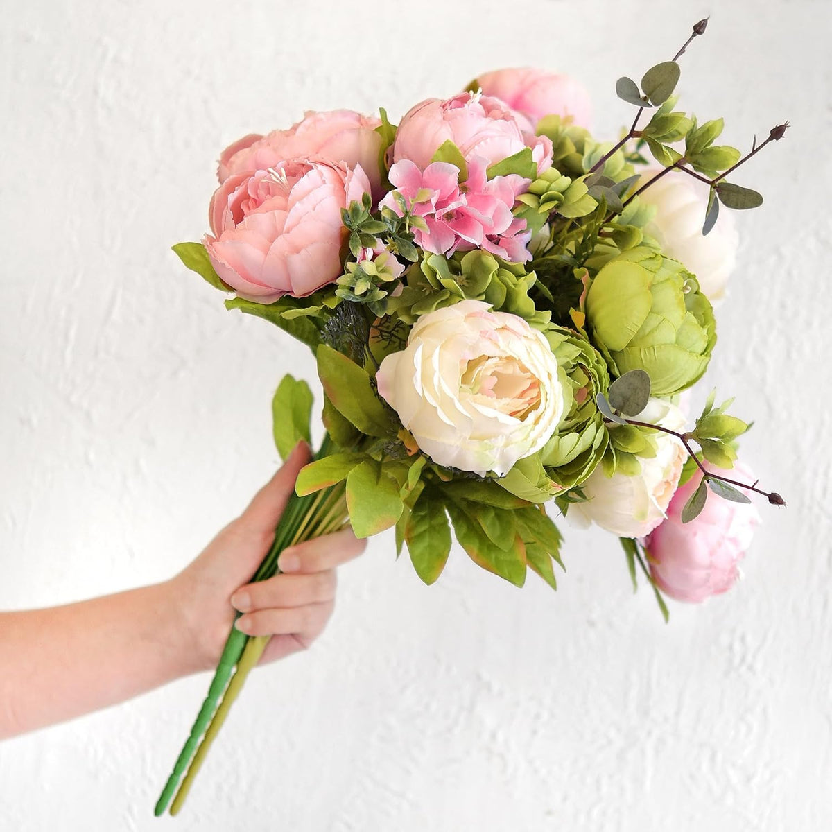 FiveSeasonStuff Artificial Peony Bouquet, Pink, Beige & Green Silk Flower...