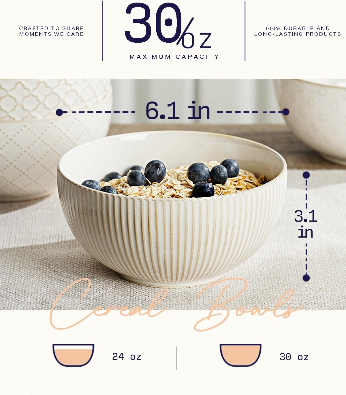 getstar Ceramic Soup Bowls, Big Cereal Bowl Set of 4 with Assorted Embossment...