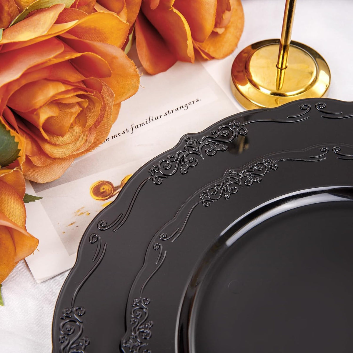 DaYammi 150Pcs Black Plastic Plates & Gold Plastic Silverware Set for Party