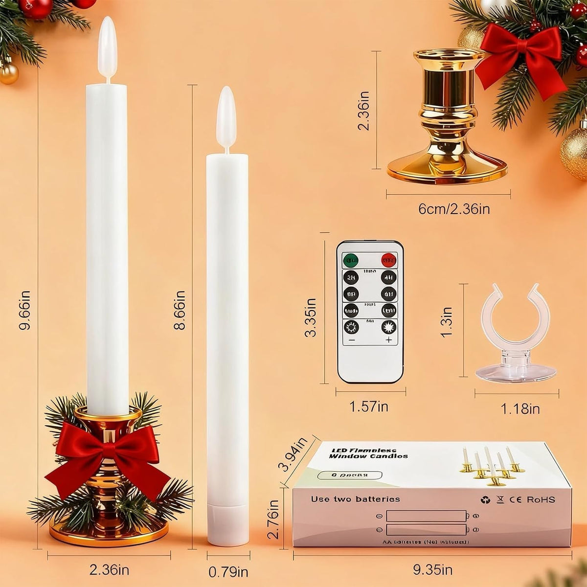 Christmas Window Candles, 6 Pcs Battery Operated Flameless Taper Candles with...