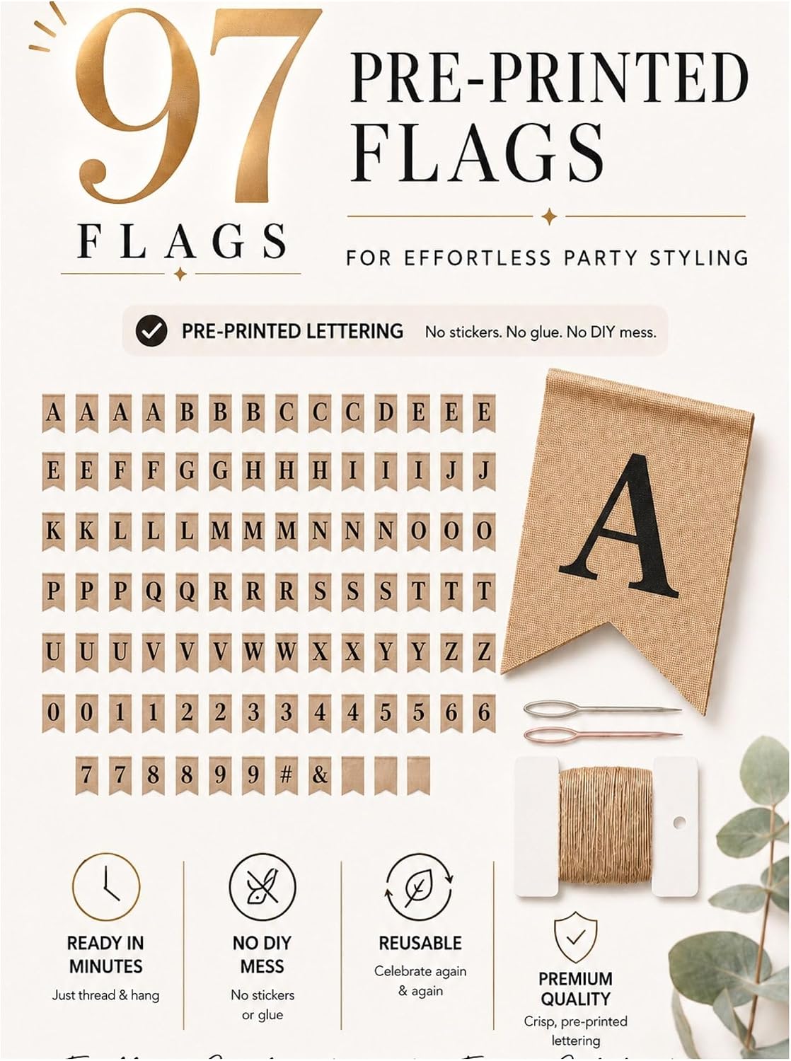 Pre-Printed Banner Kit – 97 BURLAP Flags with BLACK Letters, Numbers & Sy...