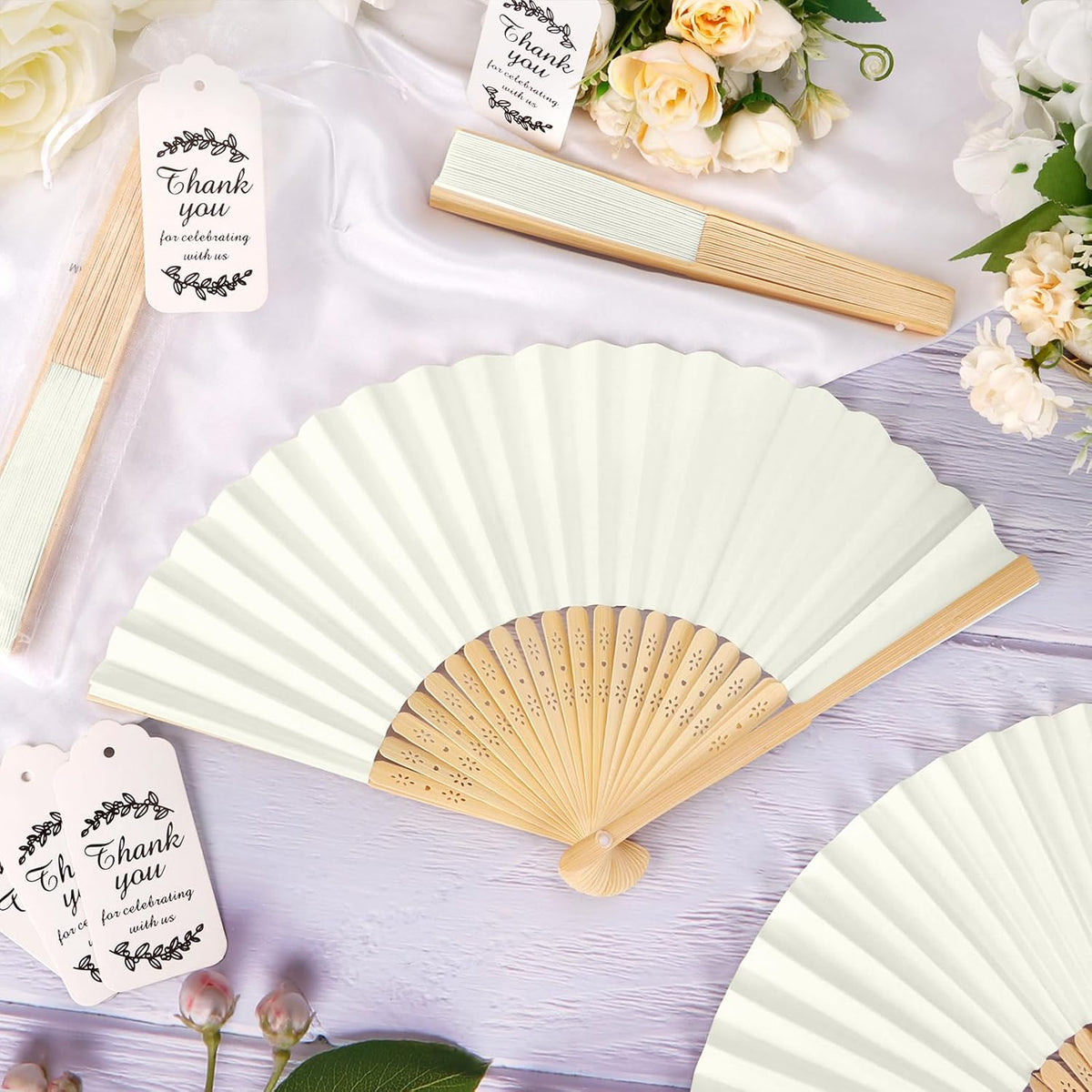 50Set Wedding Hand Fans Party Favors Cream Paper Folding Handheld Fans Bulk, ...