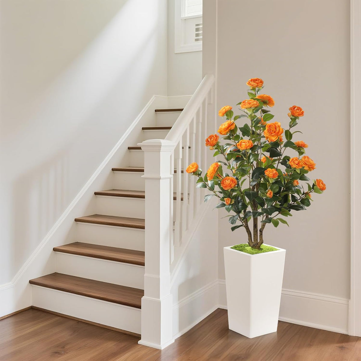 Romantic Season 4FT Artificial Camellia Tree with White Tall Planter, Orange ...