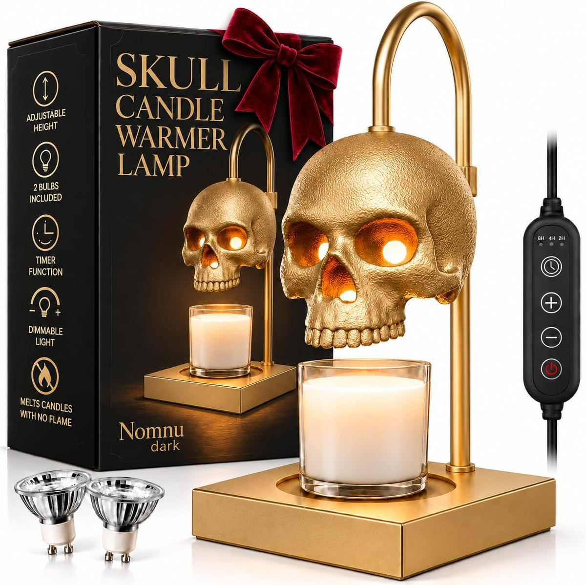 Nomnu Skull Candle Warmer Lamp with Timer and Dimmer, Golden Gothic Decor