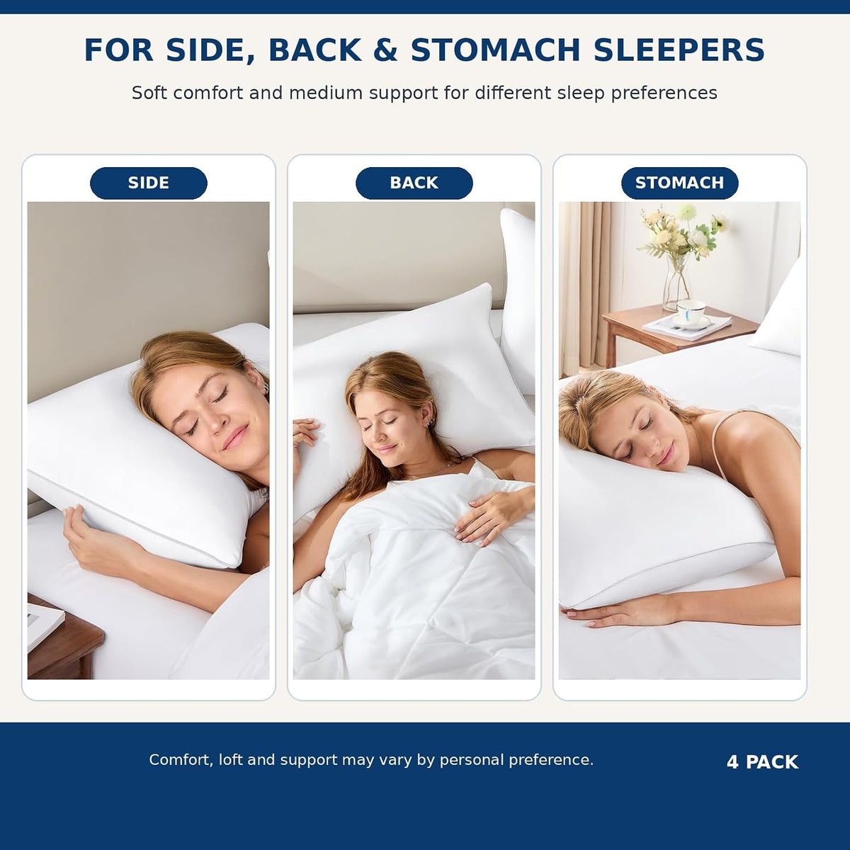 CozyLux Bed Pillows Standard Size Set of 4, 18" x 26", Medium Support