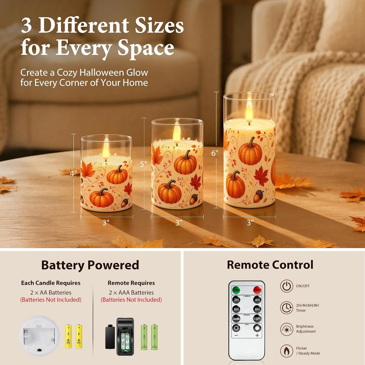 Raycare Fall Flameless LED Pillar Candles Battery Powered with Remote Timer