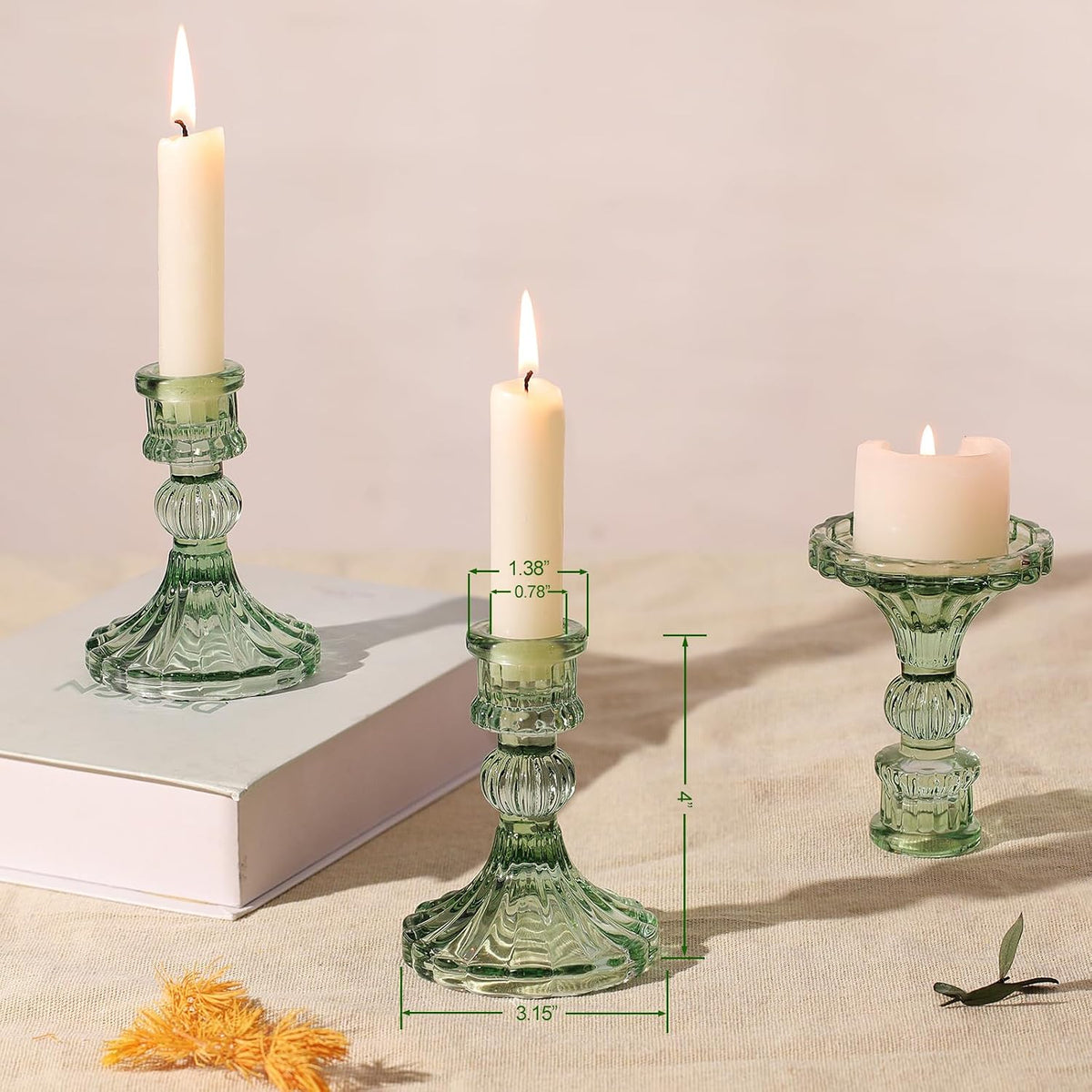 12PCS Green Candlestick Holders Set- 4" H Taper Candle Holders, Glass Ca...