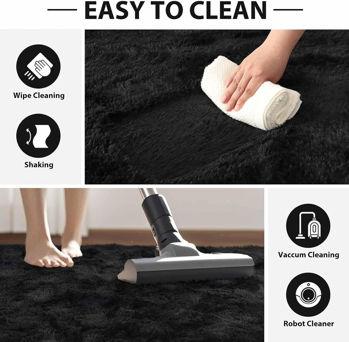 FinRèc Home 8x10 Non-Slip Fluffy Area Rugs for Living Room (Black)