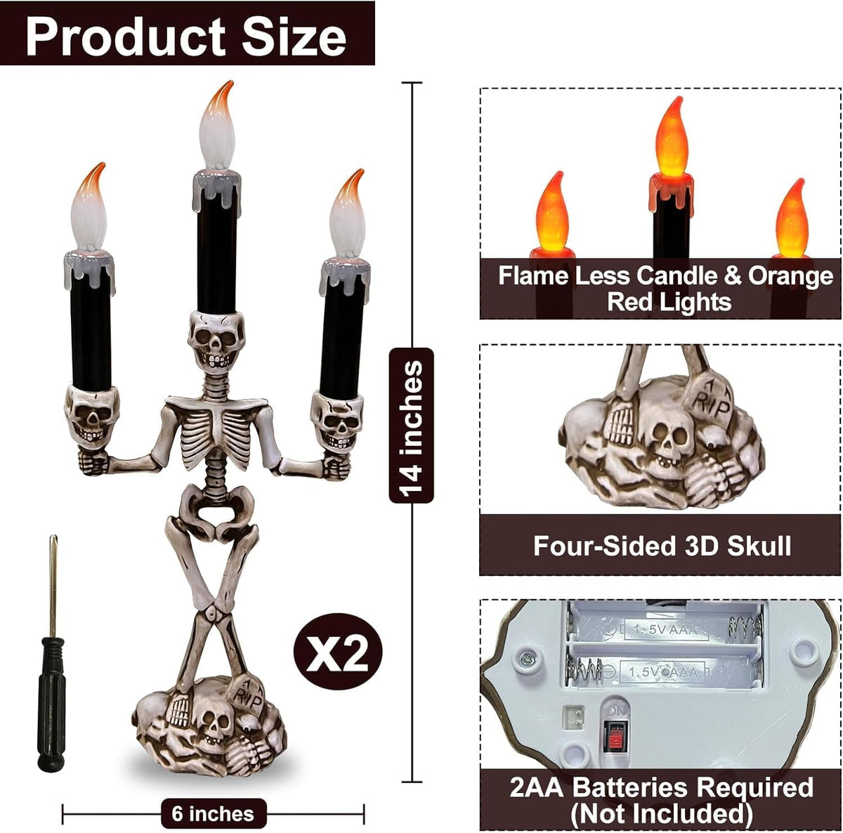 2 Pack Halloween Candelabra LED Flameless Candles Holder Table Centerpiece