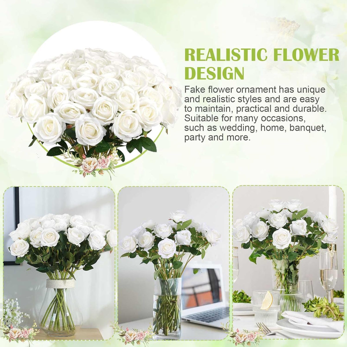 Rowfad 120pcs White Roses Artificial Flowers Bulk Fake Silk Roses for Decor