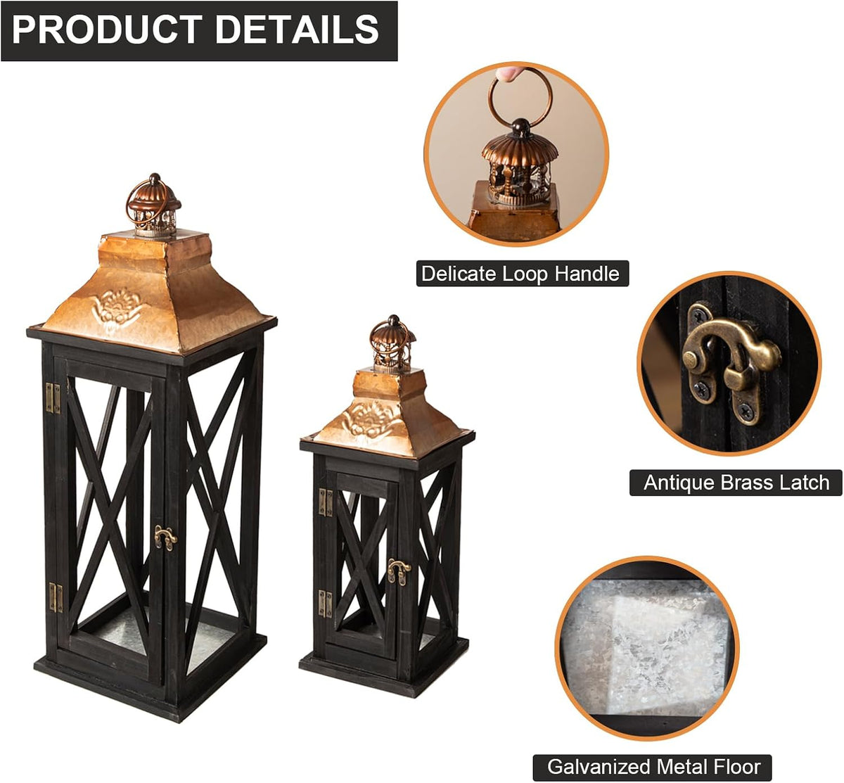 Large Farmhouse Wooden Lanterns with Metal Top, Decorative Floor Lanterns Set...