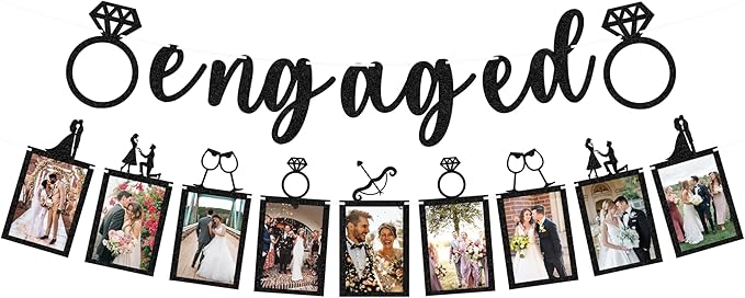 Pre-Strung Engaged Photo Banner - Black Glitter Engagement Party Decoration Supplies with Romantic Memories Picture Card Frames for Bachelorette, Bridal Shower, Wedding Party Photo Booth Props