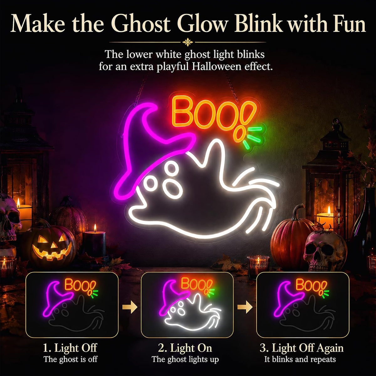 Halloween Neon Sign for Wall Decor, Flashing Halloween Led Sign, Ghost Neon S...