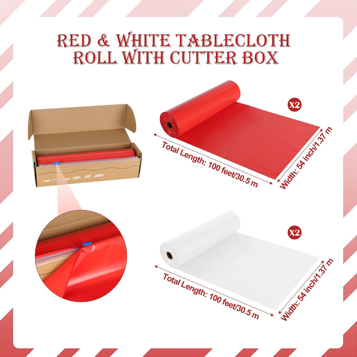 4 Rolls 100FT x 54IN Circus Plastic Tablecloth Roll with Slide Cutter Box