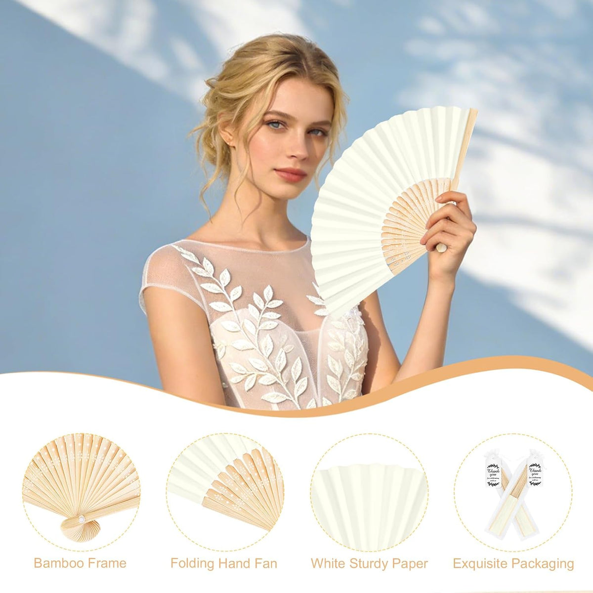 50Set Wedding Hand Fans Party Favors Cream Paper Folding Handheld Fans Bulk, ...