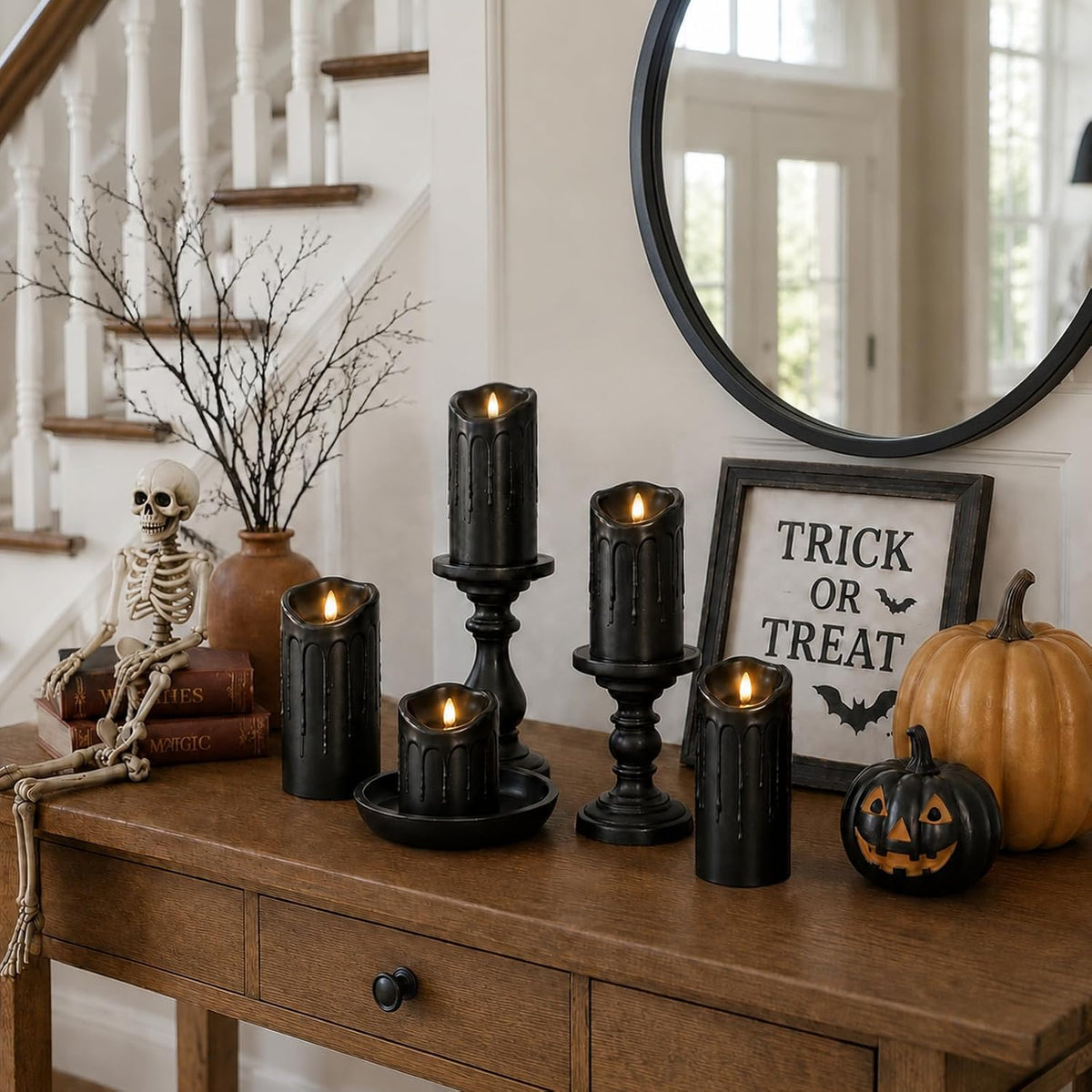 MUMCHASI Black Flameless Candles Set of 5, Black Halloween Battery Operated C...