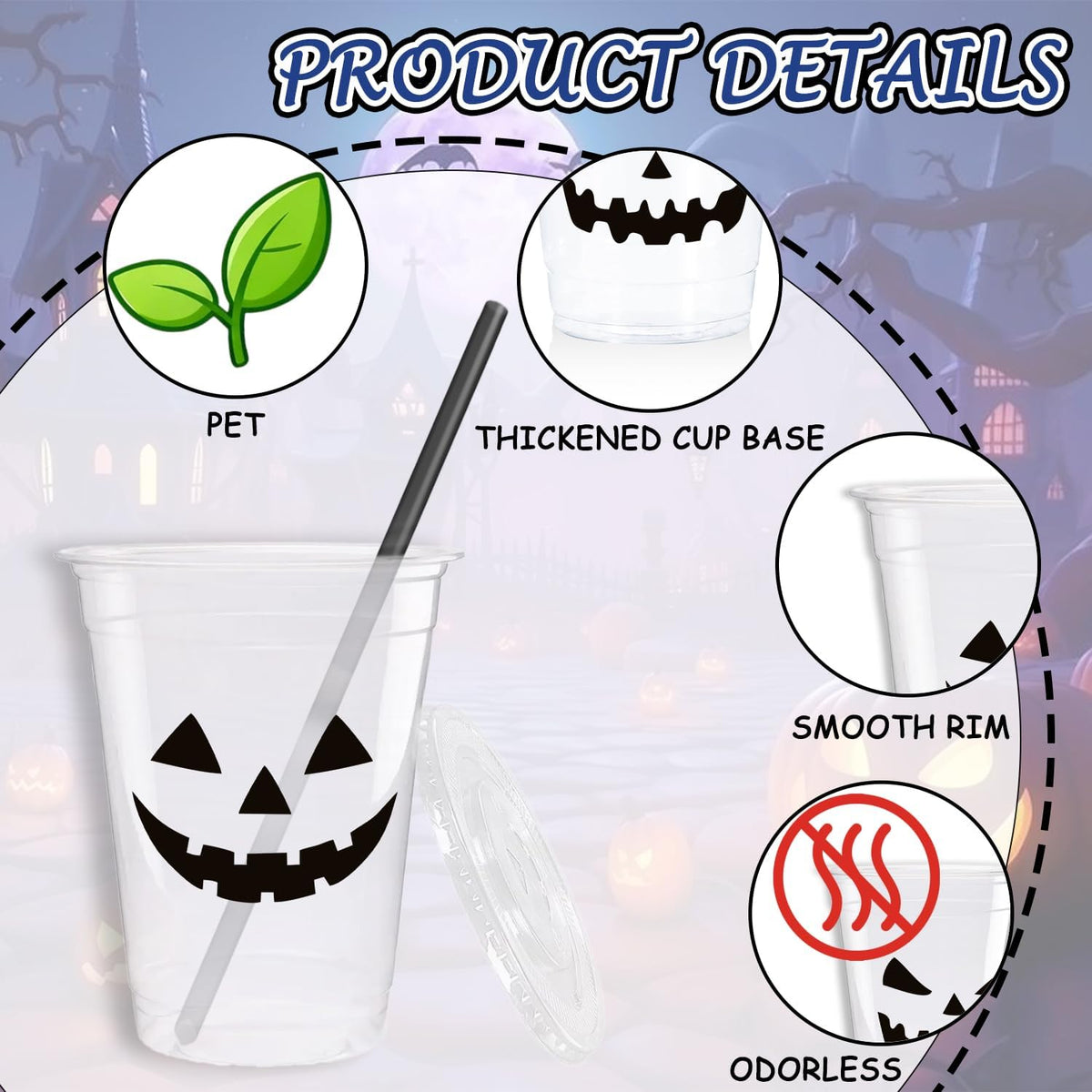 100pcs 12oz Halloween Disposable Plastic Party Cups with Lids & Straws Bulk