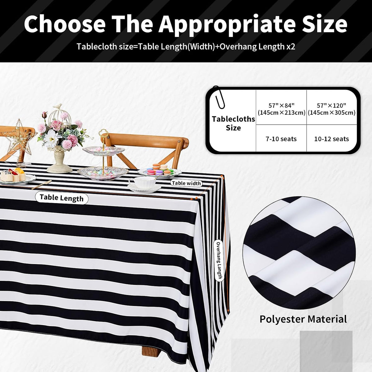 Black and White Striped Rectangle Tablecloth 57x84 Inch 2 Pack Modern Decor