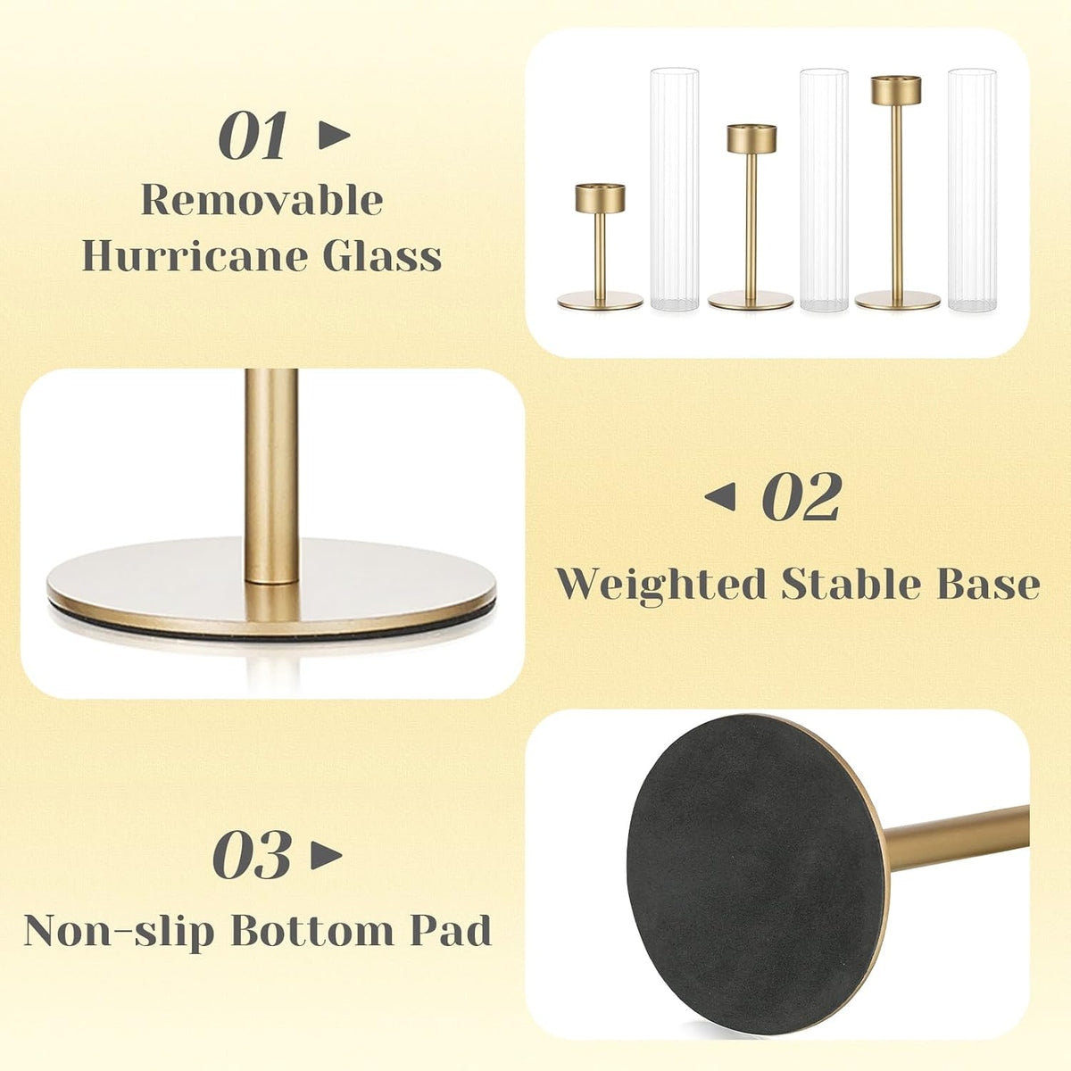 Hewory Gold Hurricane Candle Holder: 3PCS Candlestick Holders for Decor