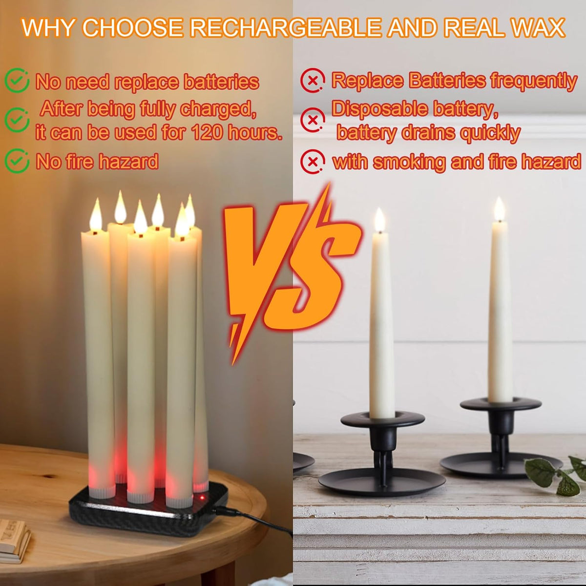 GenSwin Rechargeable Flameless Taper Candles Charging Base & 2 Remote Ivory