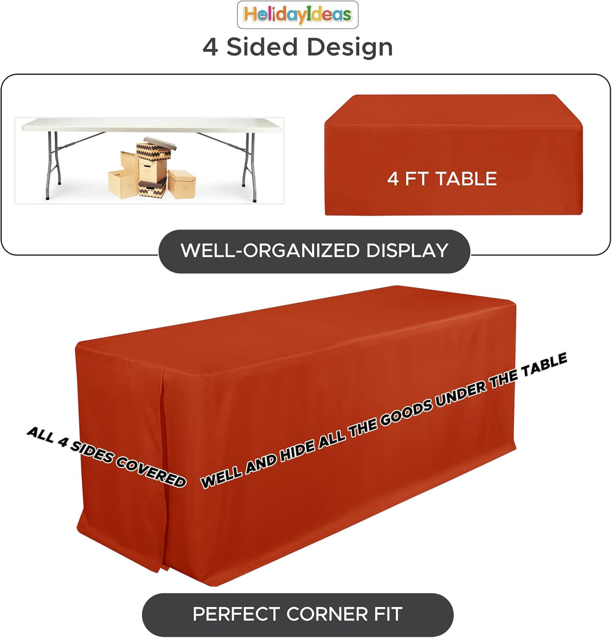 HolidayIdeas 4-Pack 6ft Rust Fitted Tablecloth for Fall Festival