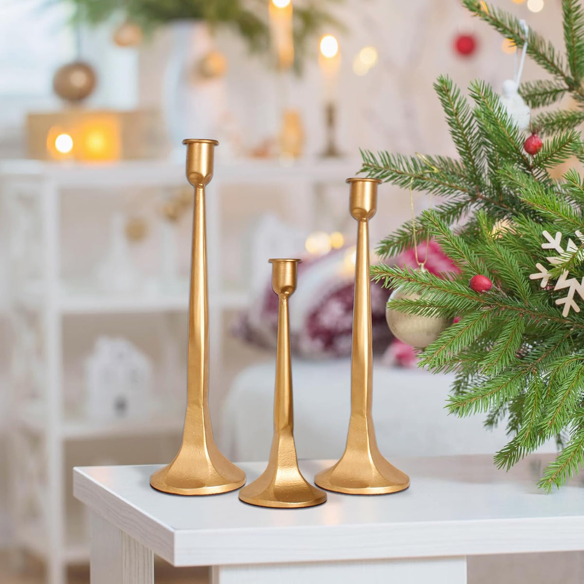 Golden Taper Candle Holders Set of 3, Tall Candlesticks