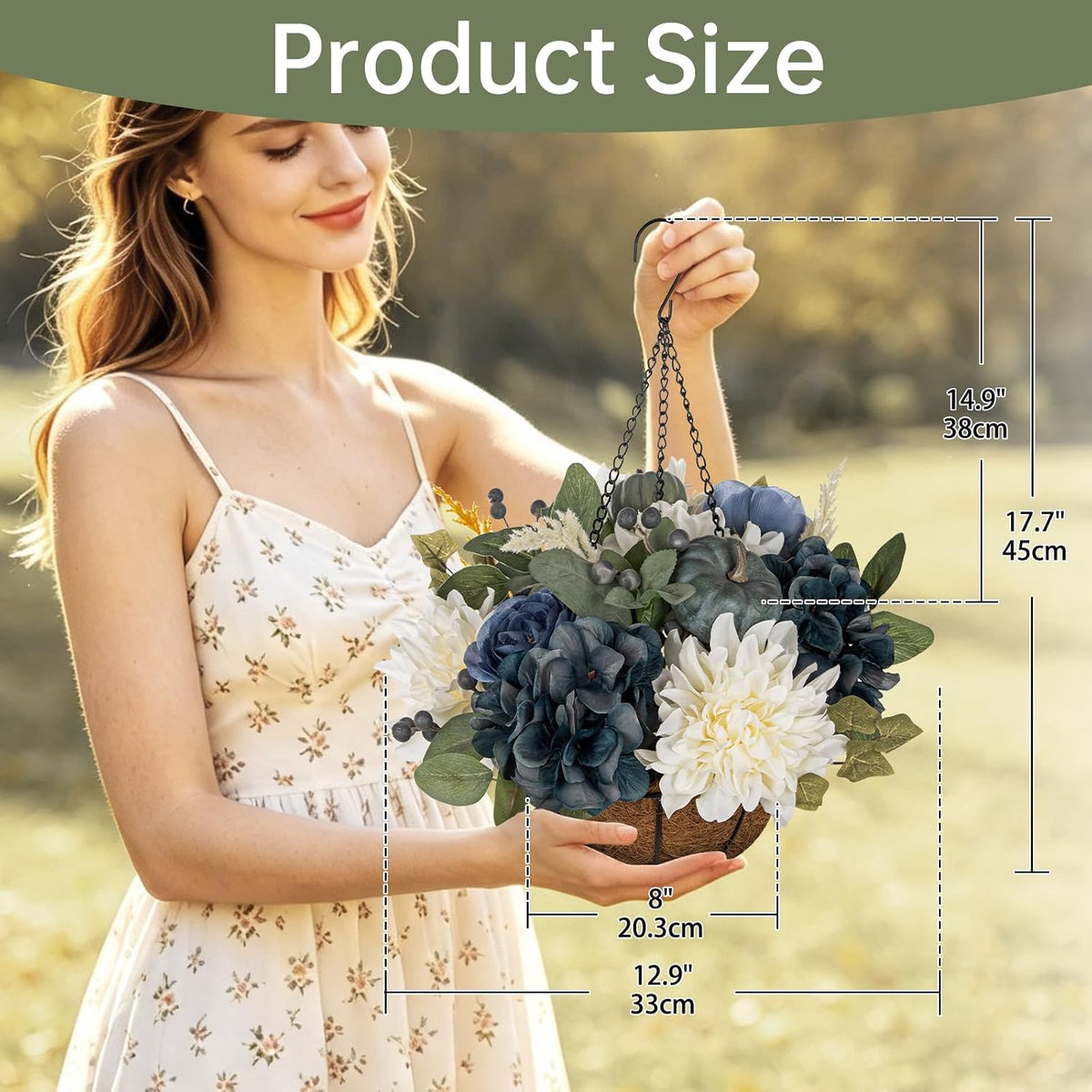 Hollyone 13" Fall Hanging Baskets Medium Pumpkins Hydrangea Dahlia Artif...