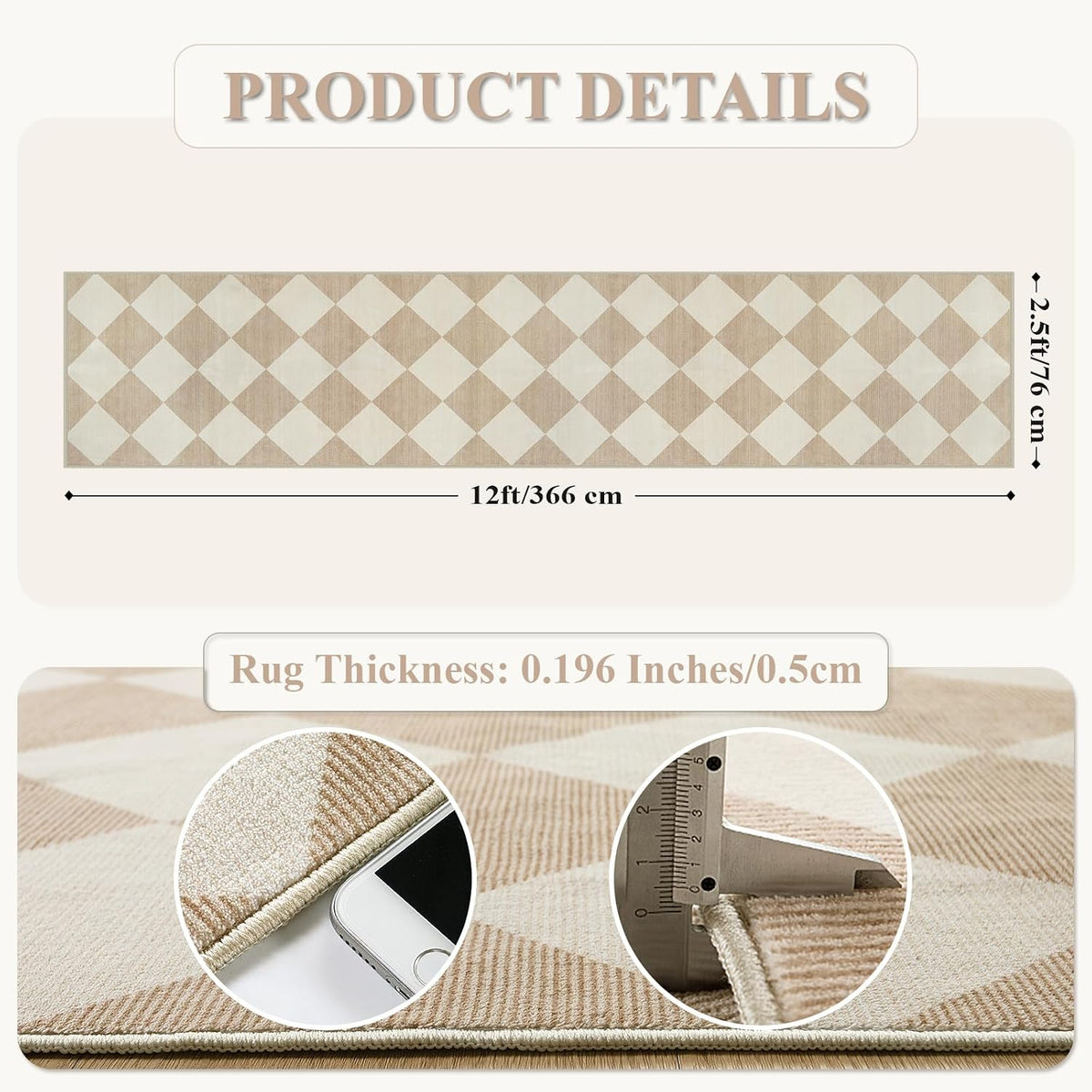 Beeiva Checkered Print Carpet Runners for Hallway 12ft, Beige Neutral Washabl...