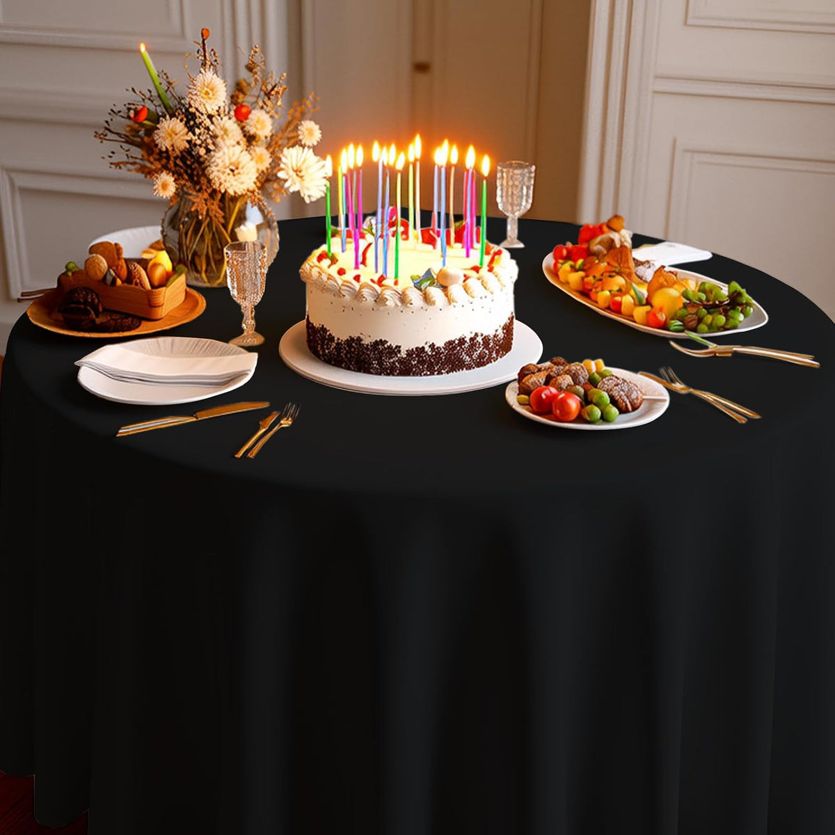 12 Pack Black Plastic Tablecloth 120 Inch Round Disposable Table Cloth, Water...