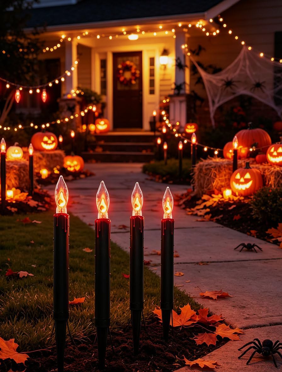 Halloween C18 Flicker Flame Pathway Lights – 19.5FT Plug-in Outdoor Candle Li...