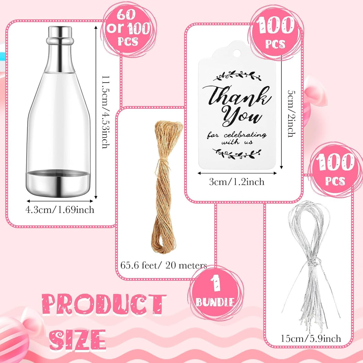 Gerrii 60 Pcs Mini Champagne Bottles Plastic Candy Container Set with Tags