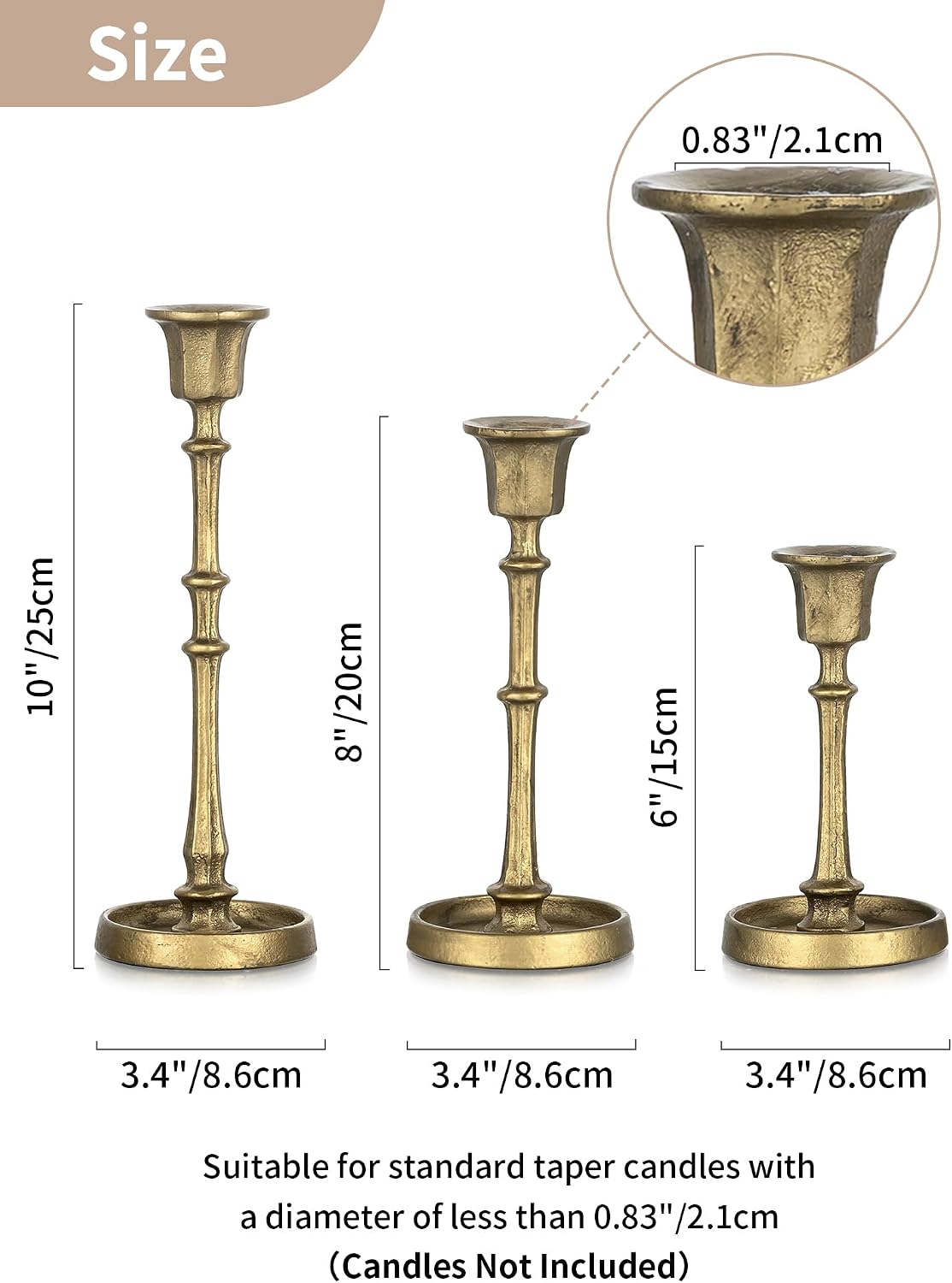 NUPTIO Cast Iron Taper Candle Holders, Set of 3 Antique Brass Candlesticks