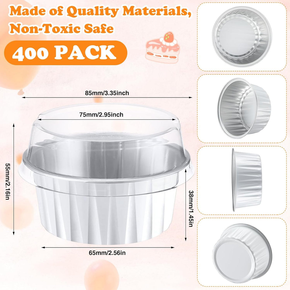 Gejoy 400 Pcs Aluminum Foil Baking Cups with Lids, Classic, White