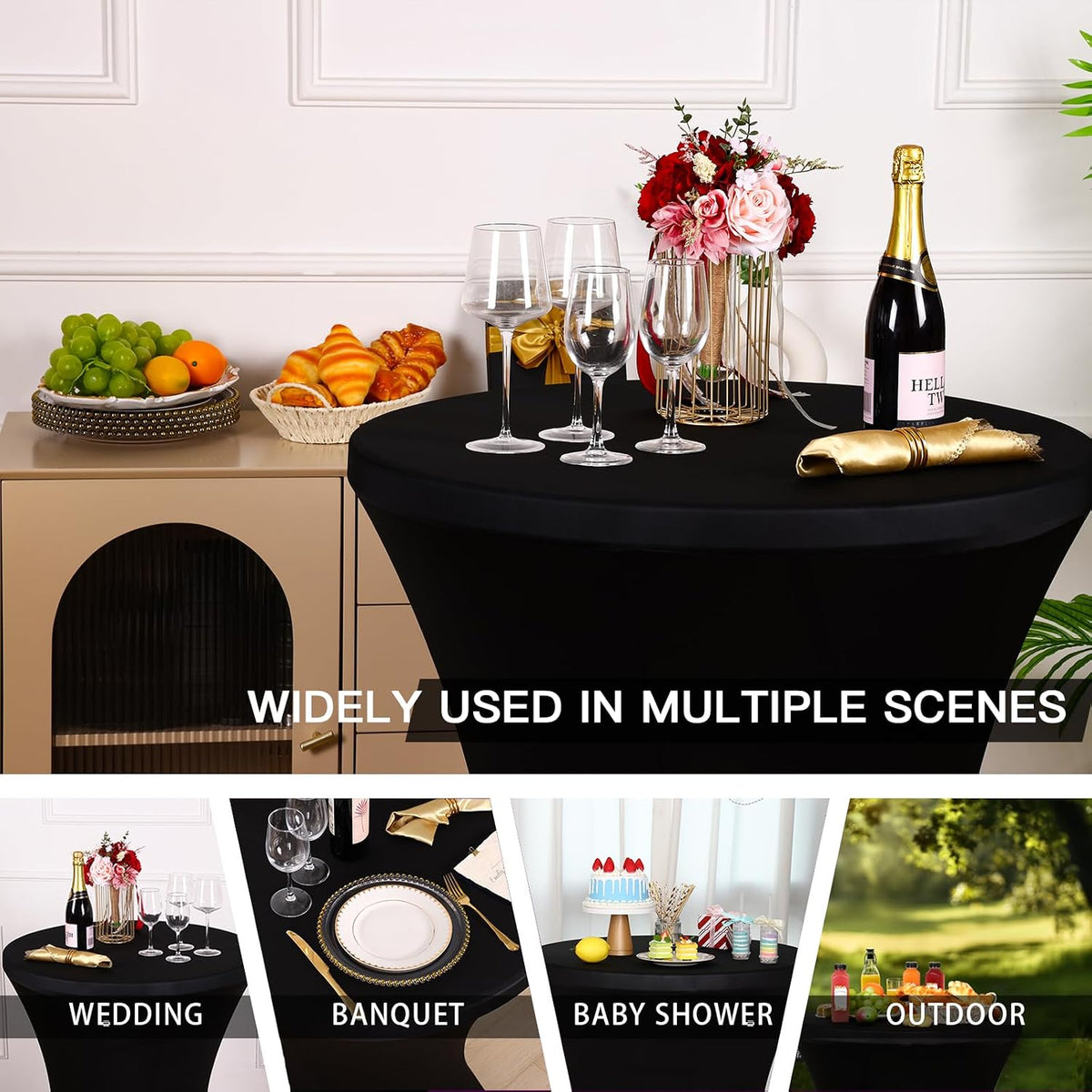 Fixwal 4 Pack Cocktail Tablecloth Bar Top Table Covers Round Black Spandex