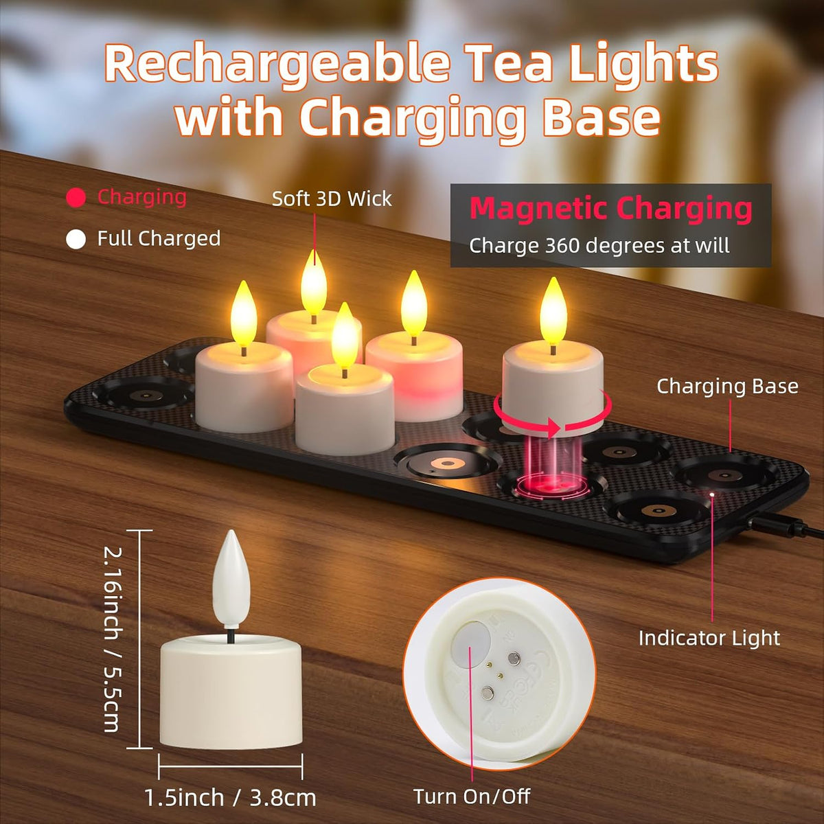 PChero Rechargeable Flameless Candles with Remote & Magnetic Charging Base