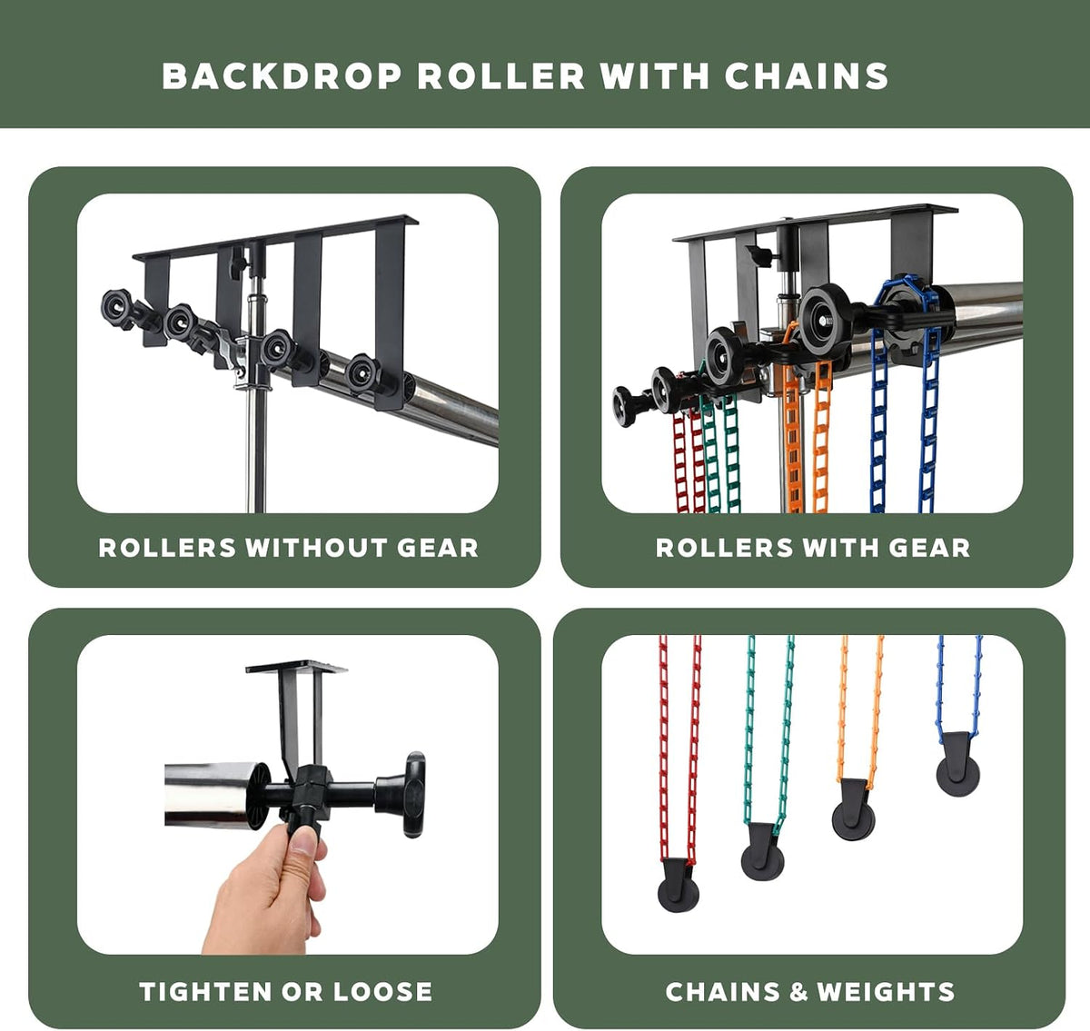Photography Backdrop Roller Support System, 4 Rollers, 120-inch Stainless Ste...