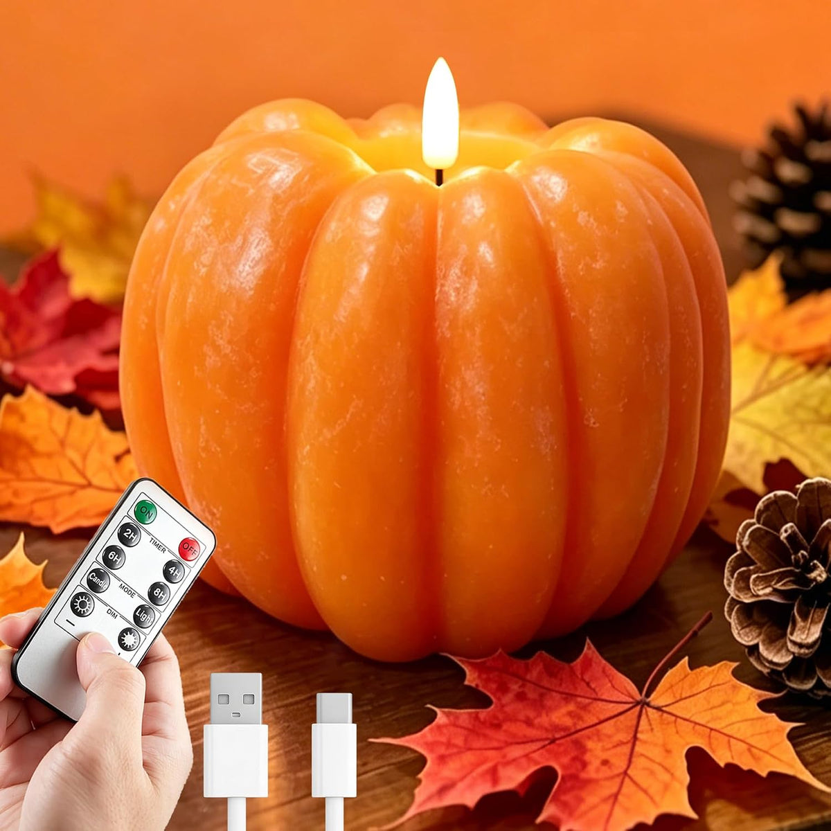 Fall Decor- 300 Hours Rechargeable Flickering Flameless Wax Pumpkin Candles
